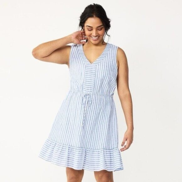 Draper James Preppy Striped Linen Sun Dress Neutral Nautical Southern Mini - Picture 1 of 7